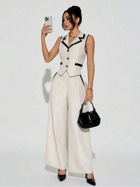 Cream Wide-Leg Suit Pants with Contrast Trim